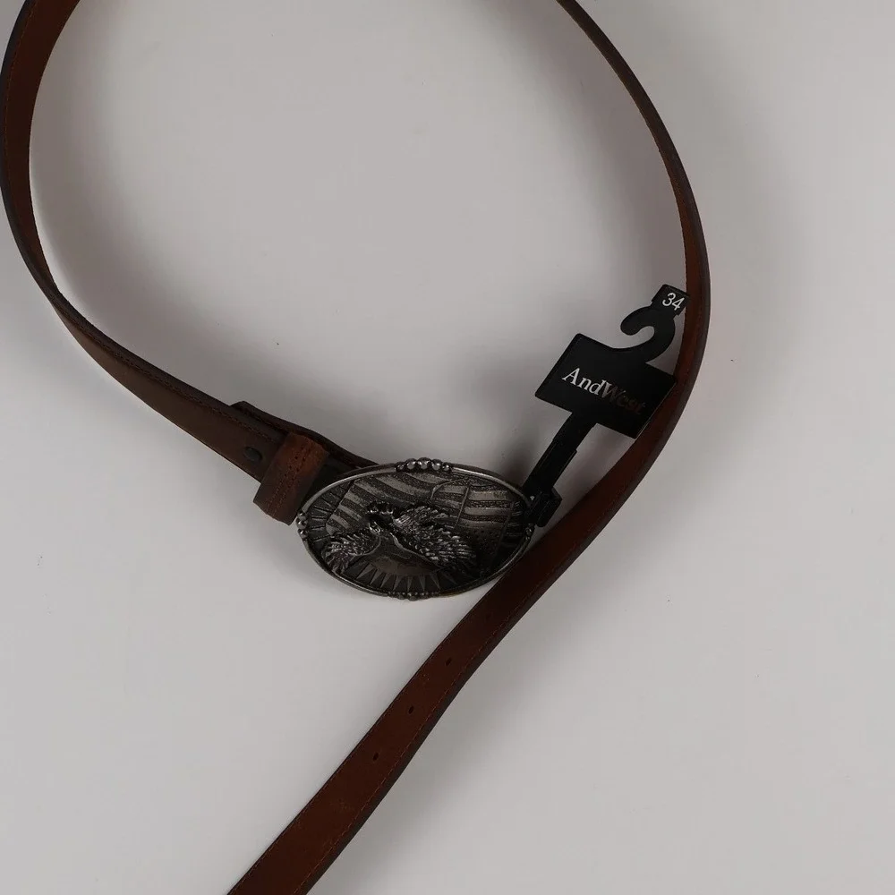 AndWest Belt Eagle American Flag Brown Leather 34 NWT MSRP 60